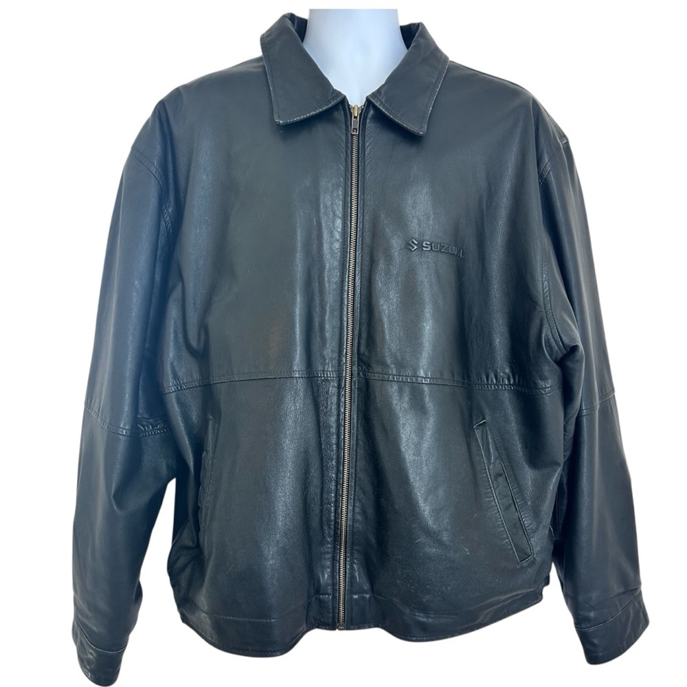 Vintage 90s Black Leather Bomber Moto Jacket Men’s XL Suzuki Embossed Logo